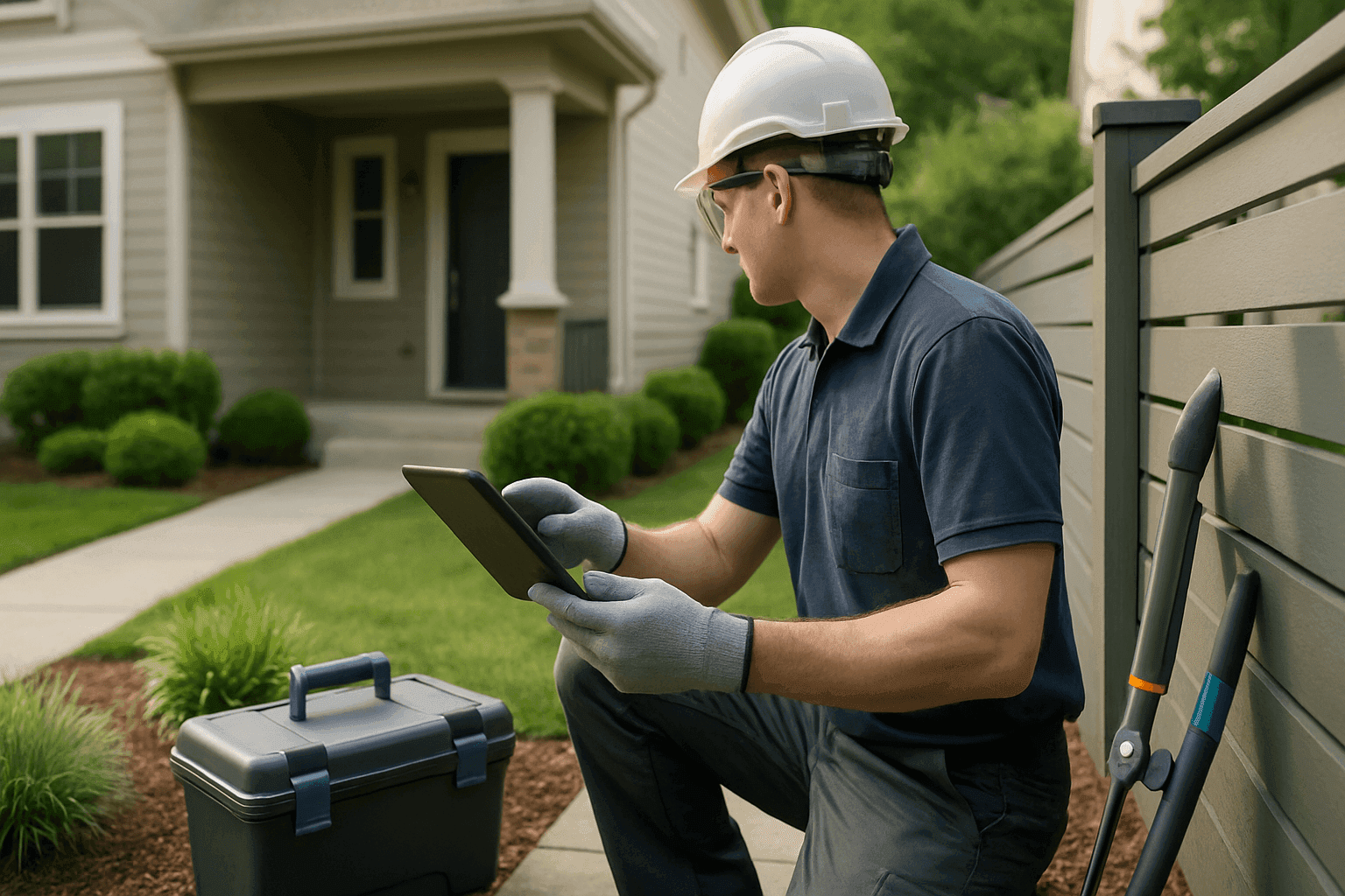 Professional worker in safety gear inspecting residential property exterior with clipboard