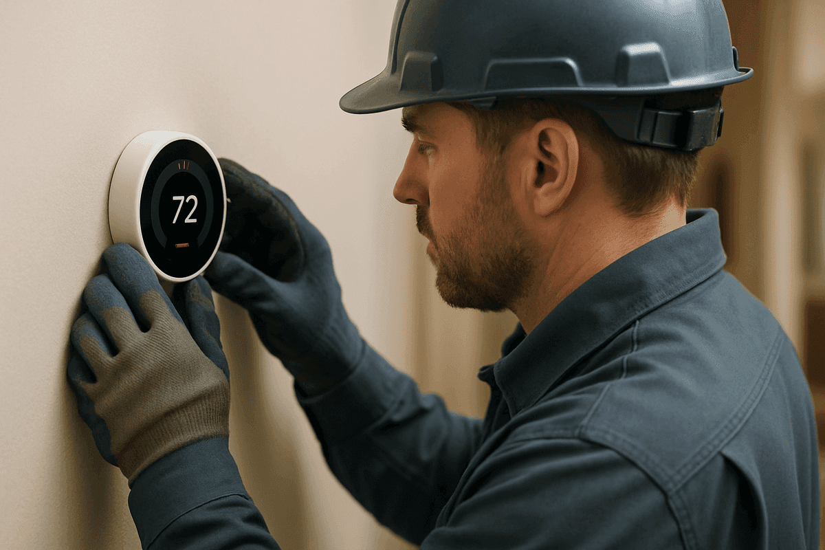 Hands of maintenance worker adjusting smart thermostat on residential wall indoors